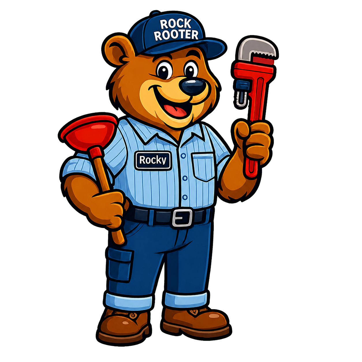 Rocky, the Rock Rooter Plumbing bear mascot holding a plunger and pipe wrench